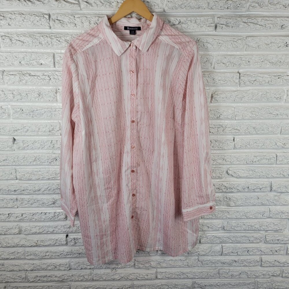 Roaman's Women's 24W Plus Size Button-Up Shirt Top Pink White Geometric GEO240E